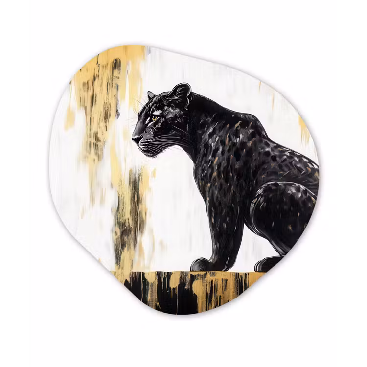 Panter - Zwart - Abstract - Goud Wandcirkel Organisch Aluminium middel -3d