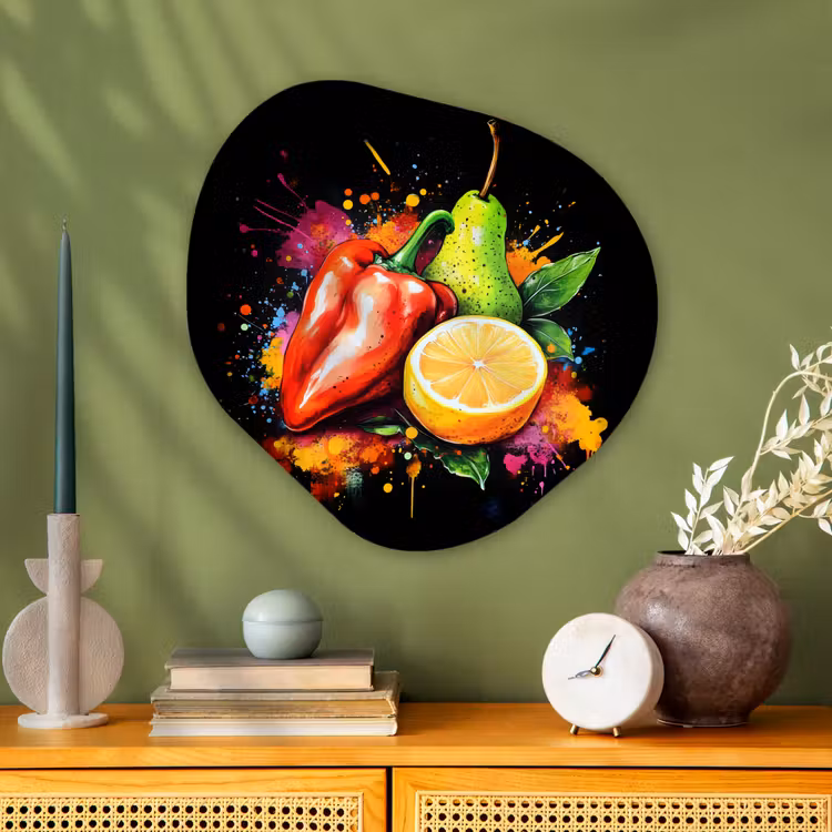 Paprika - Peer - Citroen - Graffiti - Verf - Abstract Wandcirkel Organisch Aluminium middel -sfeer2