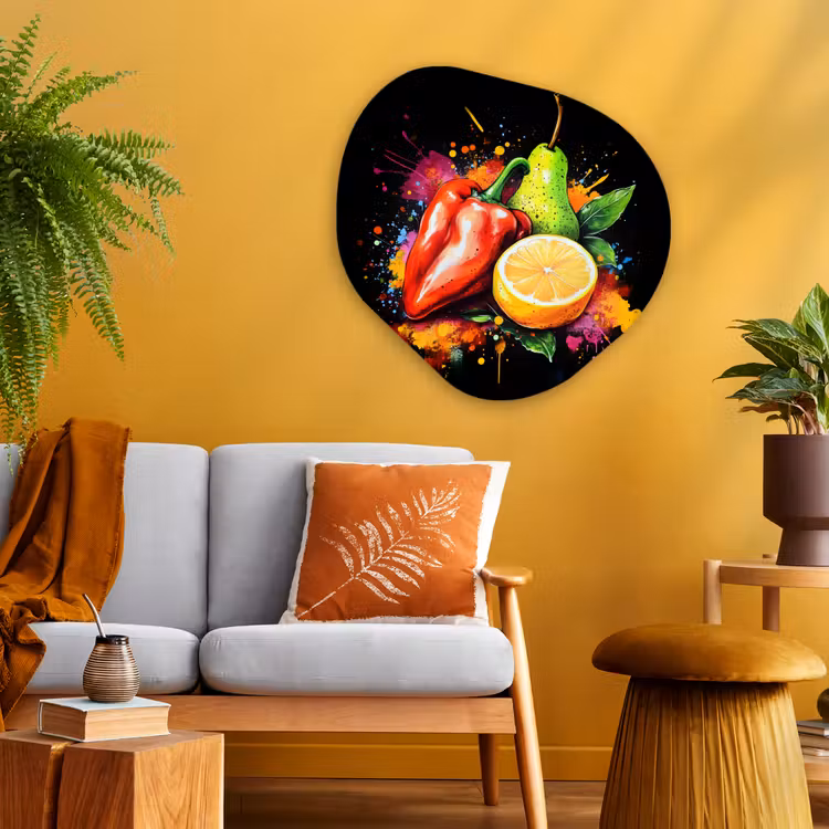 Paprika - Peer - Citroen - Graffiti - Verf - Abstract Wandcirkel Organisch Aluminium middel -sfeer4