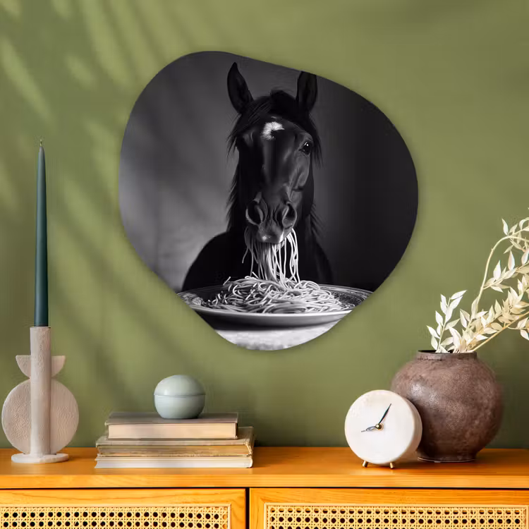 Paard - Bord - Pasta - Tafelkleed - Zwart Wit - Dieren Wandcirkel Organisch Aluminium middel -sfeer2