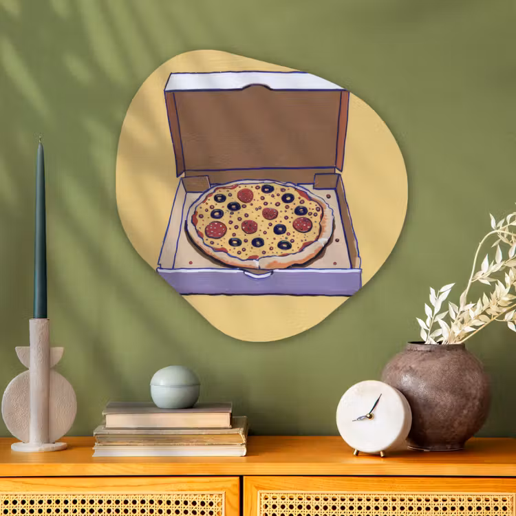 Pizza - Doos - Salami - Illustratie Wandcirkel Organisch Aluminium middel -sfeer2