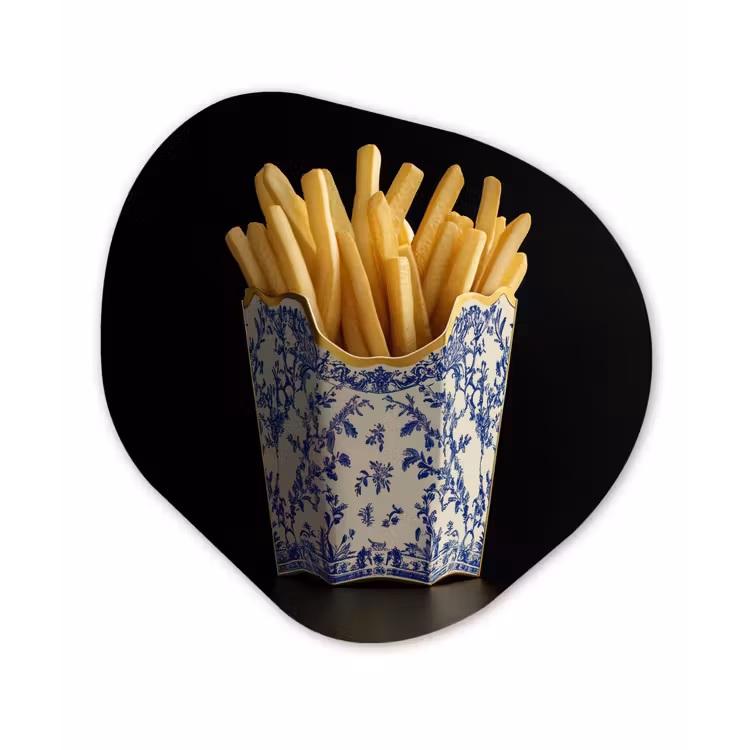 Friet - Porselein - Delfts blauw - Eten Wandcirkel Organisch Aluminium middel -3d