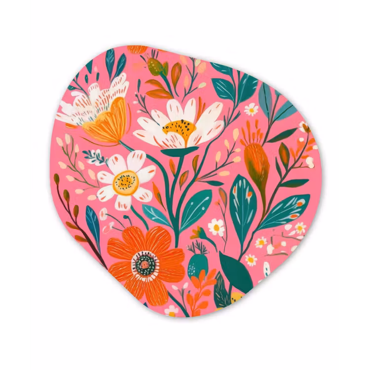 Roze - Bloemen - Wit - Oranje Wandcirkel Organisch Aluminium middel -3d