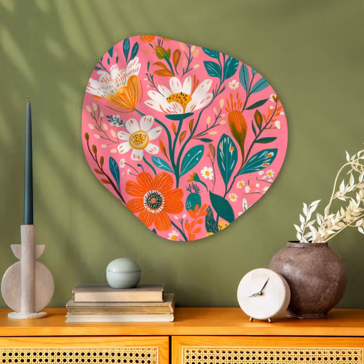 Roze - Bloemen - Wit - Oranje Wandcirkel Organisch Aluminium middel -sfeer2