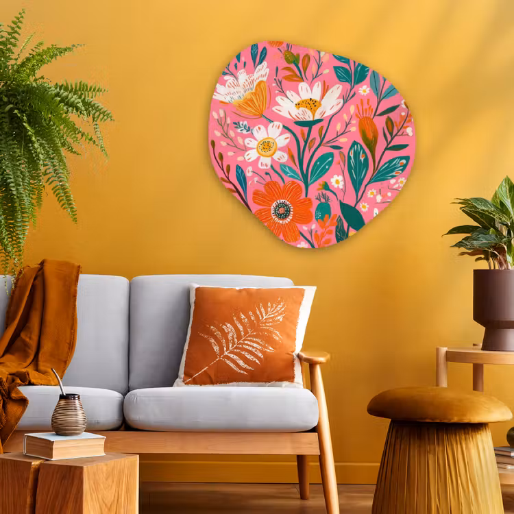 Roze - Bloemen - Wit - Oranje Wandcirkel Organisch Aluminium middel -sfeer4