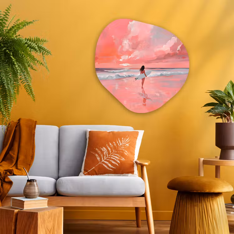 Roze - Surfen - Zee Wandcirkel Organisch Aluminium middel -sfeer4