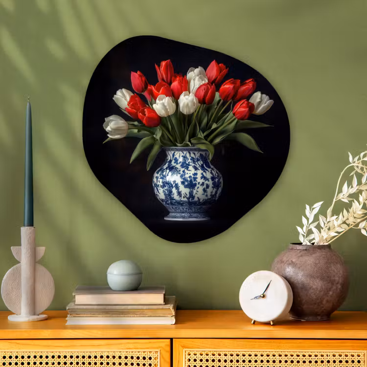 Rode - Bloemen - Tulpen - Vaas Wandcirkel Organisch Aluminium middel -sfeer2