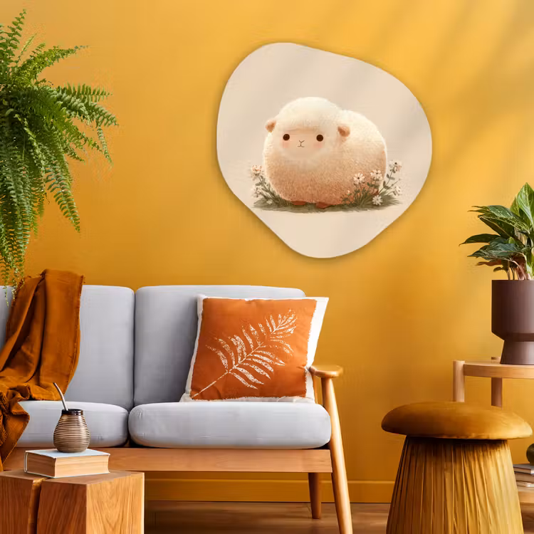 Schaap - Beige - Bloemen Wandcirkel Organisch Aluminium middel -sfeer4