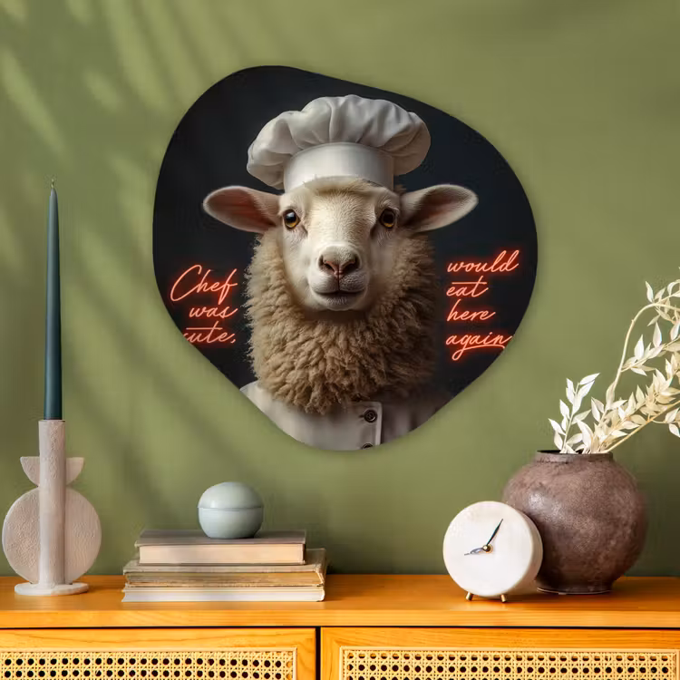Schaap - Kokskleding - Neon - Quote Wandcirkel Organisch Aluminium middel -sfeer2