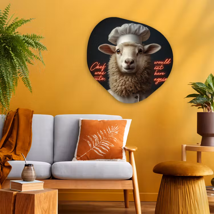 Schaap - Kokskleding - Neon - Quote Wandcirkel Organisch Aluminium middel -sfeer4