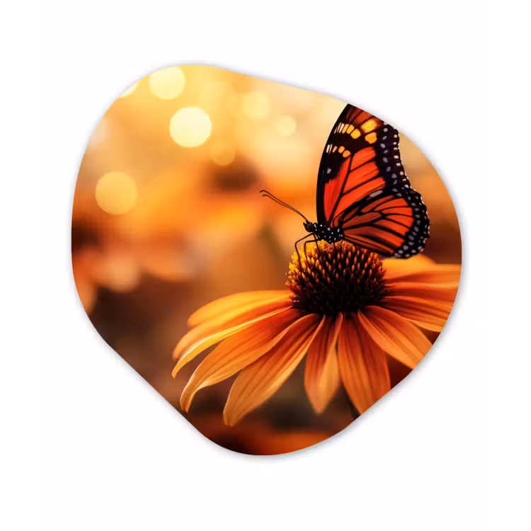 Vlinder - Bloemen - Oranje Wandcirkel Organisch Aluminium middel -3d