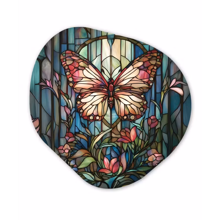 Vlinder - Roze - Bloemen - Bladeren Wandcirkel Organisch Aluminium middel -3d