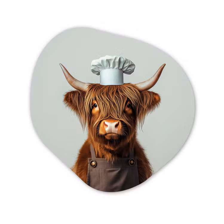 Schotse Hooglander - Bruin - Hoorns - Kokskleding Wandcirkel Organisch Aluminium middel -3d