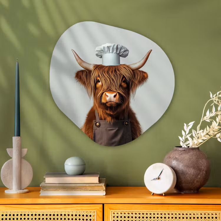 Schotse Hooglander - Bruin - Hoorns - Kokskleding Wandcirkel Organisch Aluminium middel -sfeer2