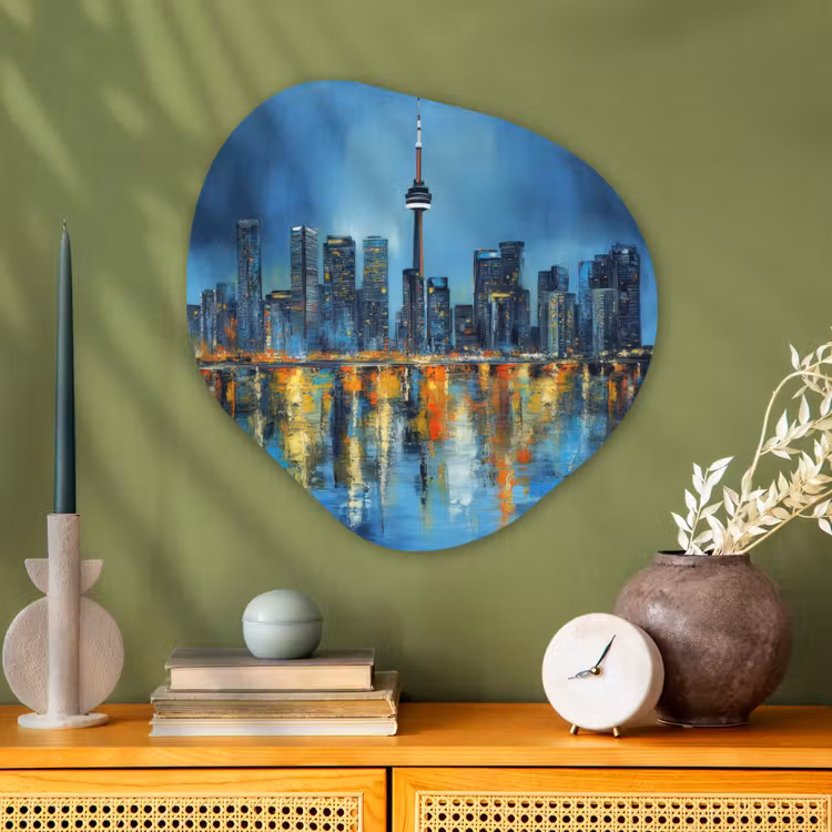 Skyline Toronto - Water - Stadslichten - Toren Wandcirkel Organisch Aluminium middel -sfeer2
