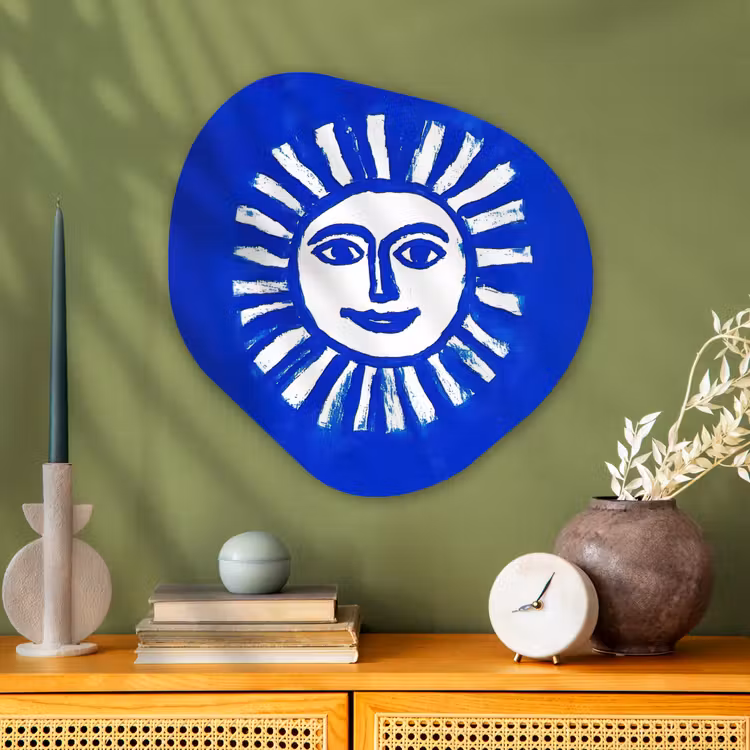 Zon - Gezicht - Penseelstructuur - Blauw Wandcirkel Organisch Aluminium middel -sfeer2