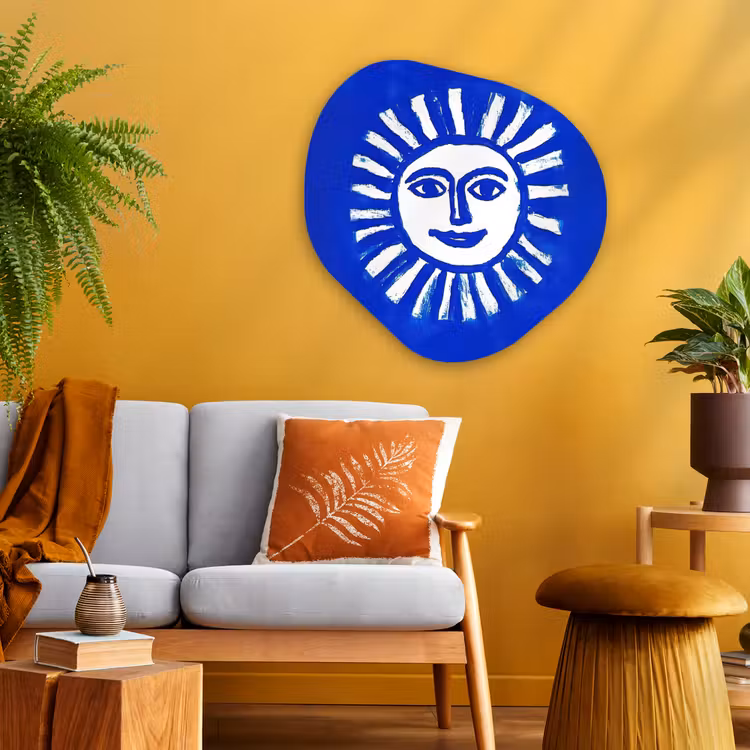 Zon - Gezicht - Penseelstructuur - Blauw Wandcirkel Organisch Aluminium middel -sfeer4
