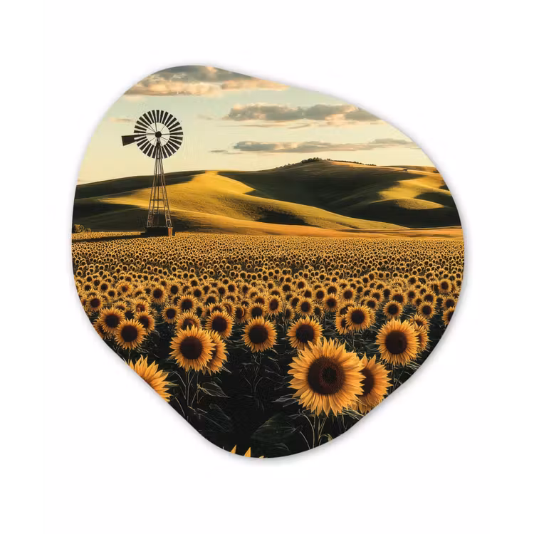 Zonnebloem - Veld - Windmolen Wandcirkel Organisch Aluminium middel -3d