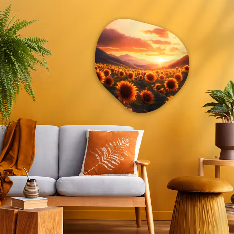 Zonnebloemen - Zonsondergang - Landschap Wandcirkel Organisch Aluminium middel -sfeer4
