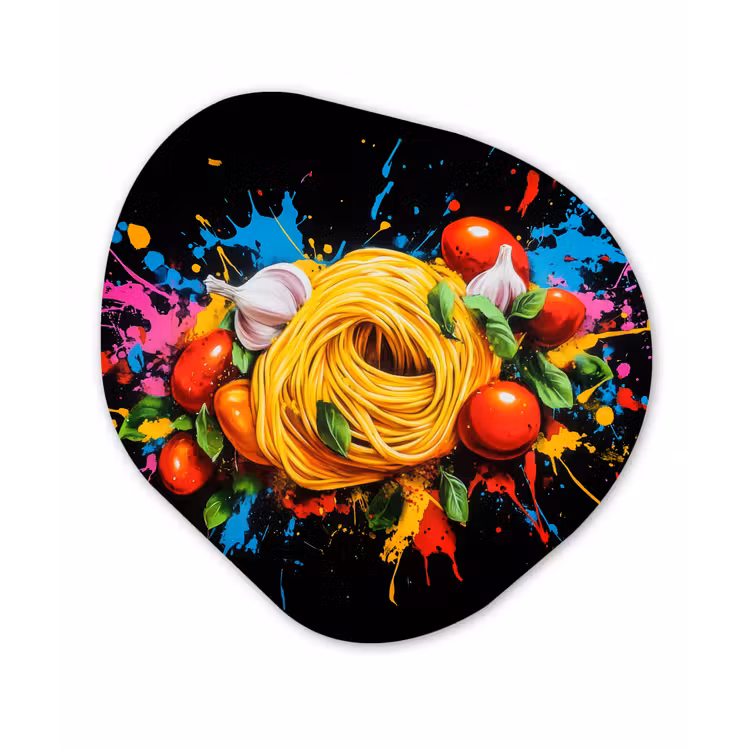 Spaghetti - Graffiti - Verf - Kleurrijk - Eten - Modern Wandcirkel Organisch Aluminium middel -3d