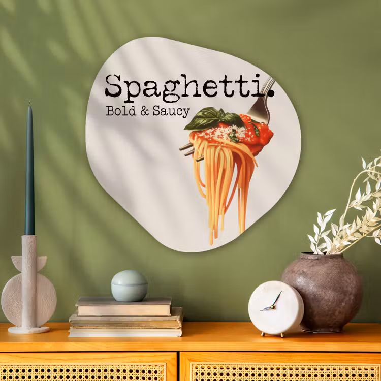Spaghetti - tomatensaus - Parmezaanse kaas Wandcirkel Organisch Aluminium middel -sfeer2