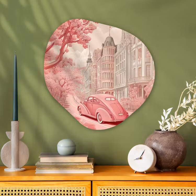 City - Car - Pink Wandcirkel Organisch Aluminium middel -sfeer2