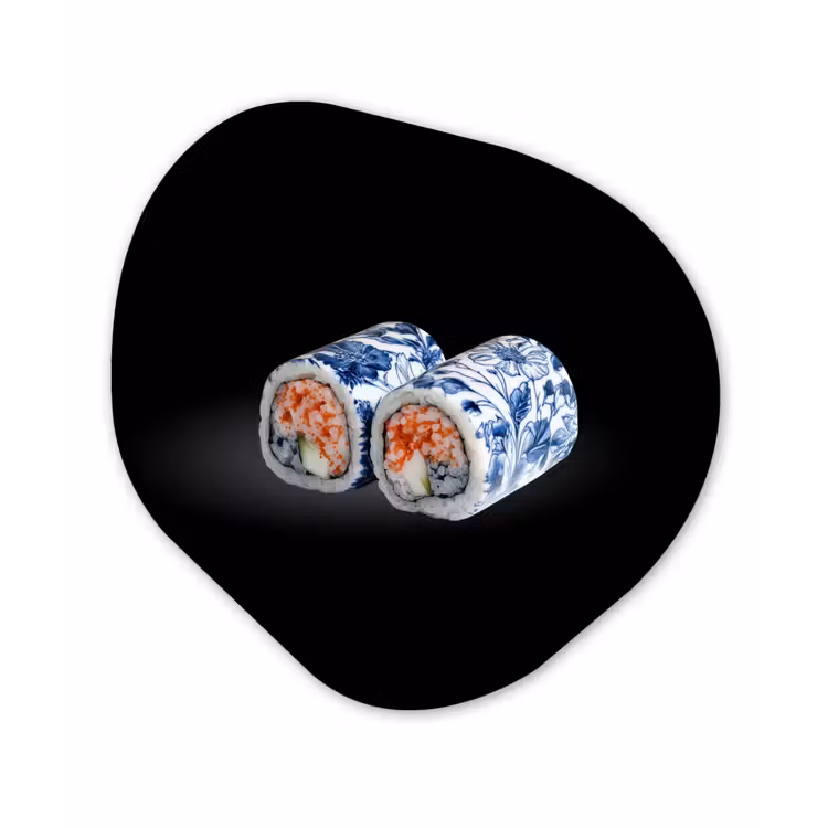 Sushi - Delfts blauw - Rijst - Vis - Elegant Wandcirkel Organisch Aluminium middel -3d