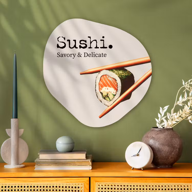 Sushi - Zalm - Rijst - Japans Wandcirkel Organisch Aluminium middel -sfeer2