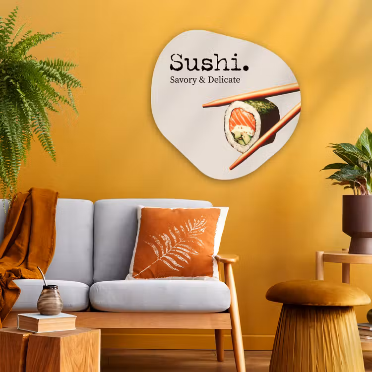 Sushi - Zalm - Rijst - Japans Wandcirkel Organisch Aluminium middel -sfeer4
