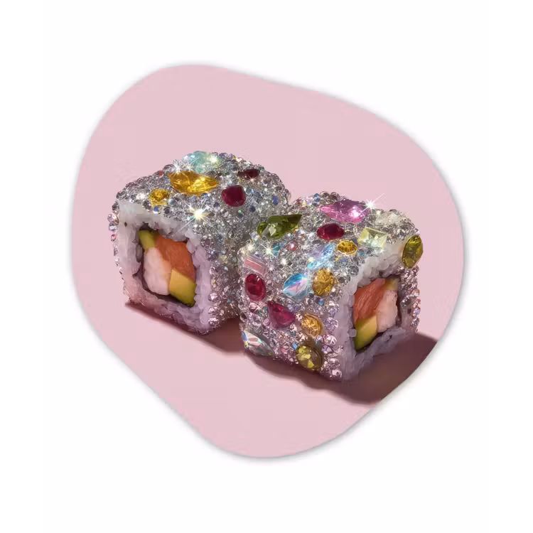 Sushi - Rolletjes - Steentjes - Kleurrijk Wandcirkel Organisch Aluminium middel -3d