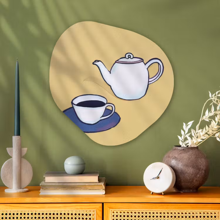 Theepot - Kopje - Beige - Illustratie Wandcirkel Organisch Aluminium middel -sfeer2