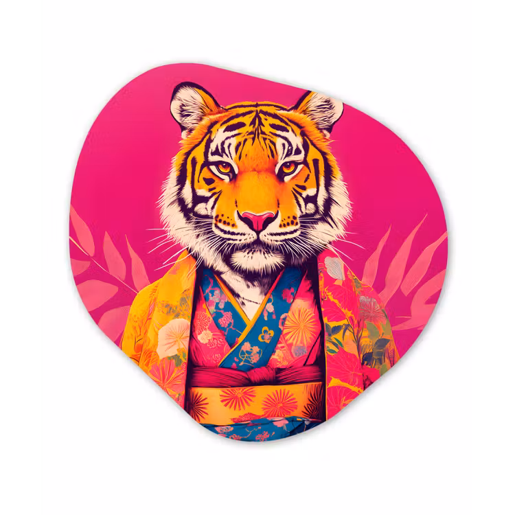 Tijger - Kimono - Planten - Roze Wandcirkel Organisch Aluminium middel -3d