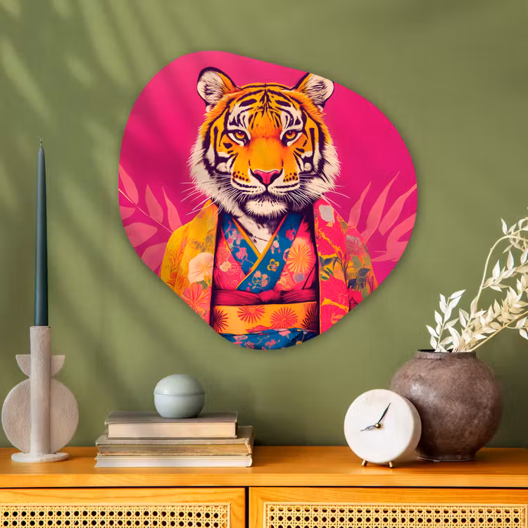 Tijger - Kimono - Planten - Roze Wandcirkel Organisch Aluminium middel -sfeer2
