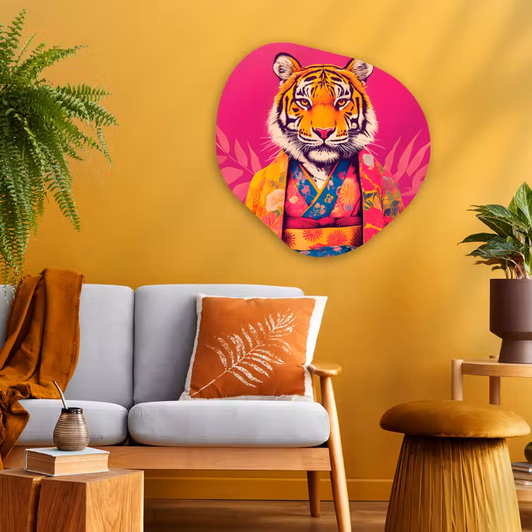 Tijger - Kimono - Planten - Roze Wandcirkel Organisch Aluminium middel -sfeer4