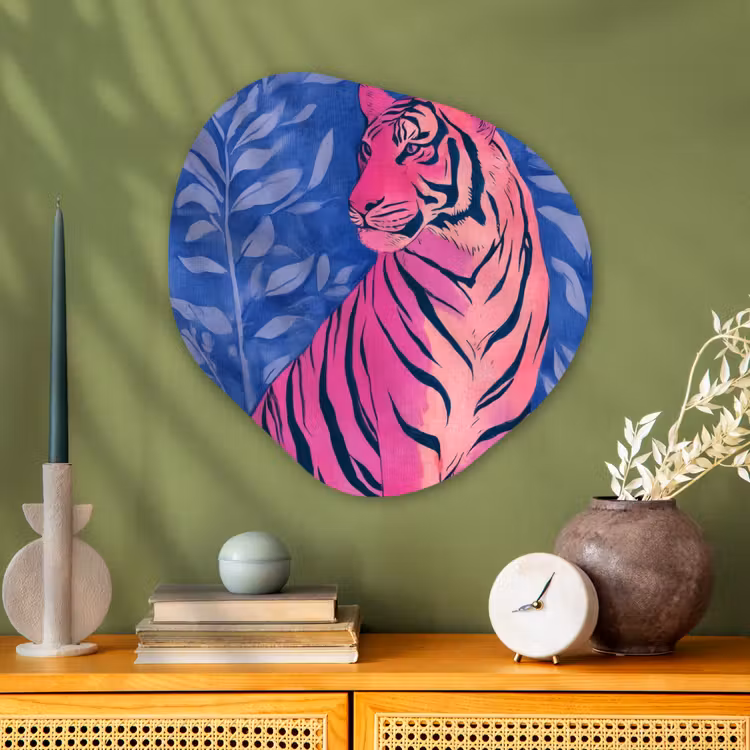 Tijger - Roze - Bladeren - Jungle Wandcirkel Organisch Aluminium middel -sfeer2
