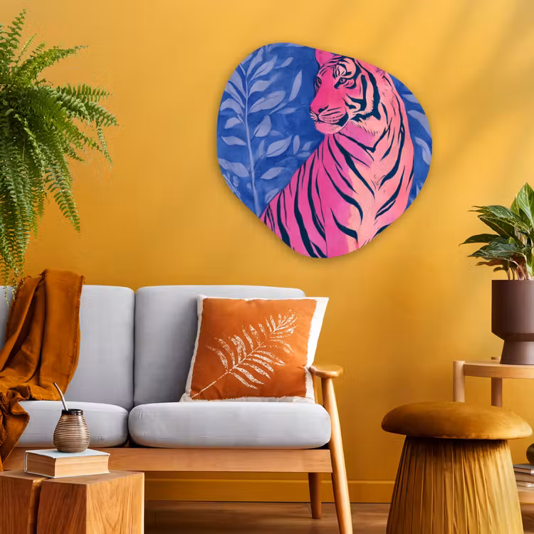 Tijger - Roze - Bladeren - Jungle Wandcirkel Organisch Aluminium middel -sfeer4