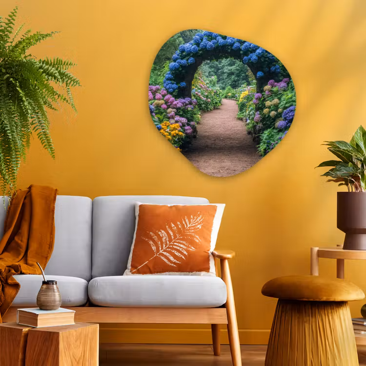 Doorkijk - Bloemen - Hortensia - Pad Wandcirkel Organisch Aluminium middel -sfeer4