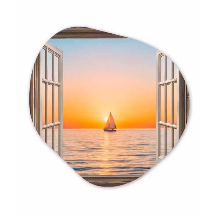 Doorkijk - Zee - Boot - Zonsondergang Wandcirkel Organisch Aluminium middel -3d