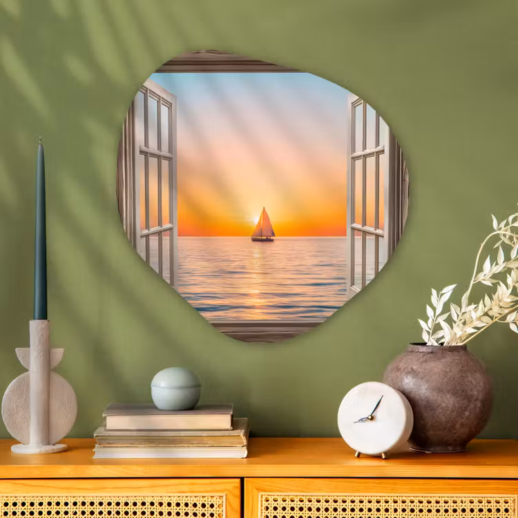 Doorkijk - Zee - Boot - Zonsondergang Wandcirkel Organisch Aluminium middel -sfeer2