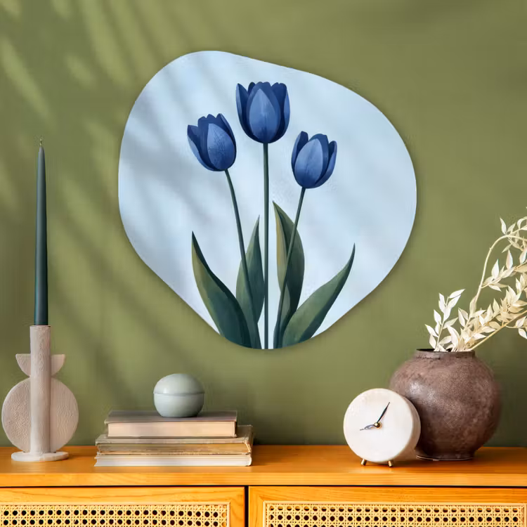 Tulpen - Blauw - Bladeren Wandcirkel Organisch Aluminium middel -sfeer2