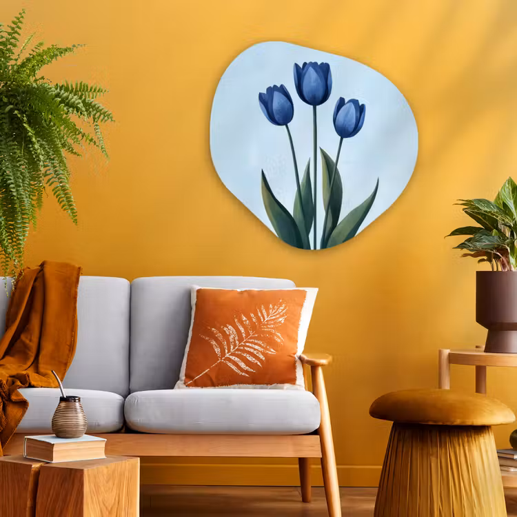 Tulpen - Blauw - Bladeren Wandcirkel Organisch Aluminium middel -sfeer4