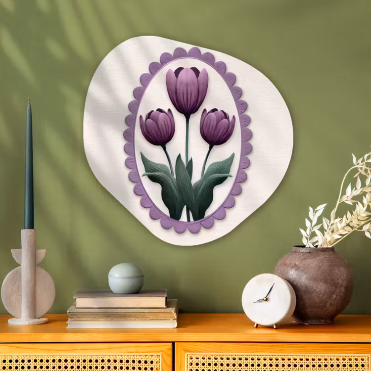 Tulpen - Paars - Lijst - Bladeren Wandcirkel Organisch Aluminium middel -sfeer2