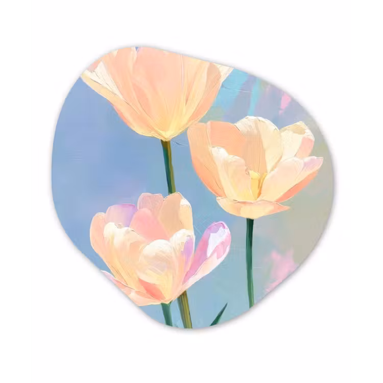 Tulpen - Roze accenten - Blauw Wandcirkel Organisch Aluminium middel -3d