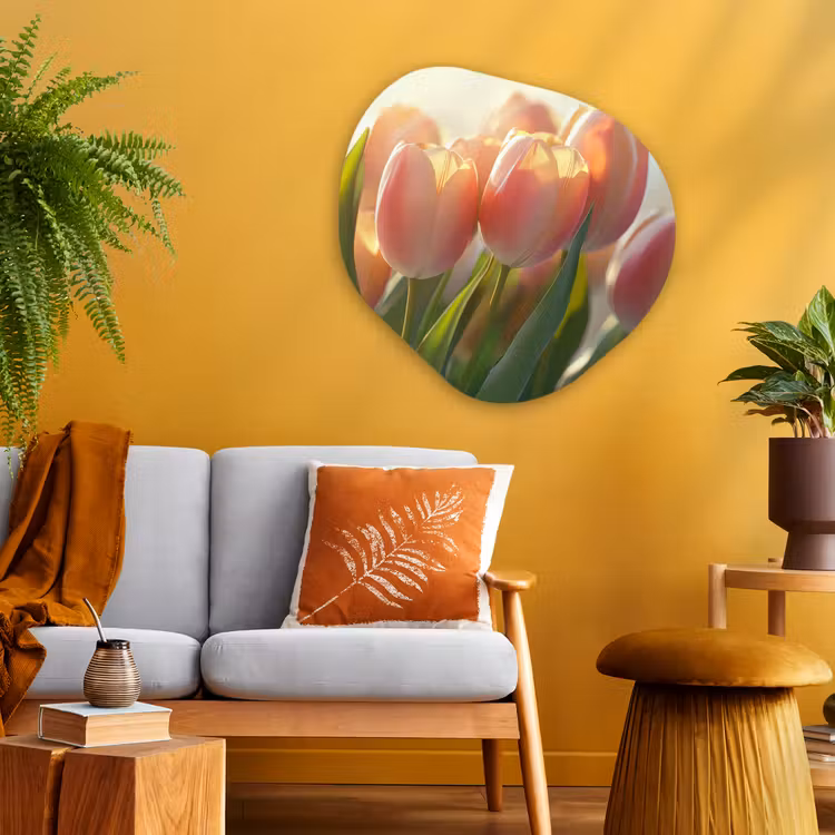 Tulpen - Roze - Zonnestralen Wandcirkel Organisch Aluminium middel -sfeer4