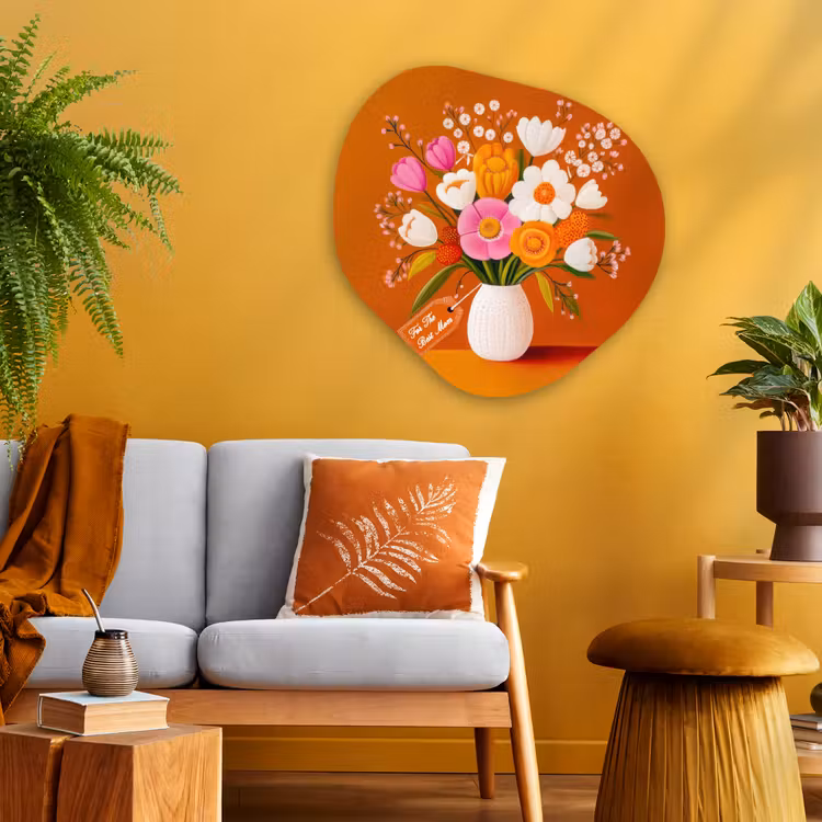 Vaas - Bloemen - Oranje Wandcirkel Organisch Aluminium middel -sfeer4