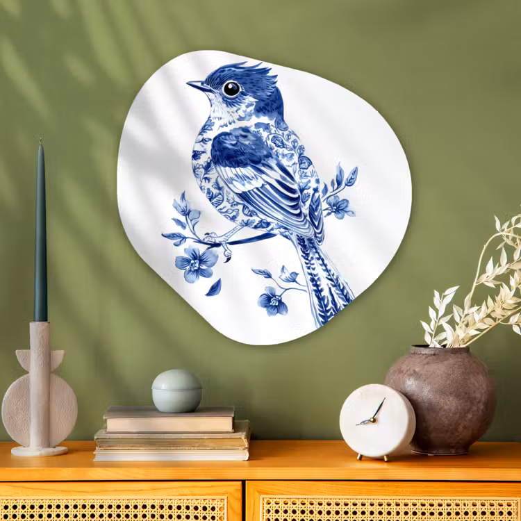 Vogel - Delfts blauw - Illustratie - Bloemen Wandcirkel Organisch Aluminium middel -sfeer2