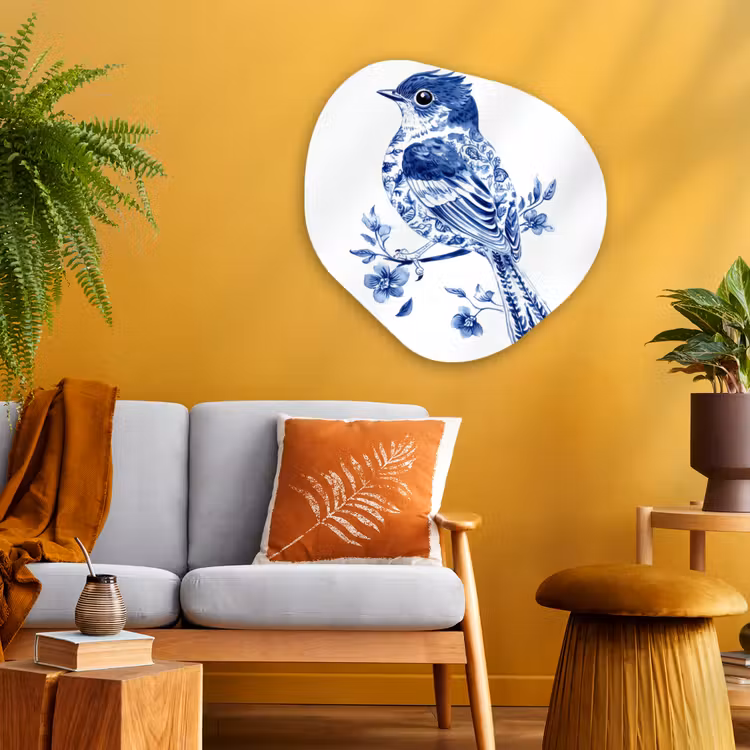 Vogel - Delfts blauw - Illustratie - Bloemen Wandcirkel Organisch Aluminium middel -sfeer4