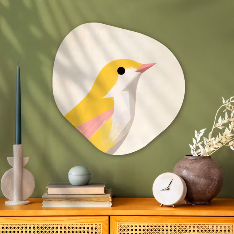 Vogel - Minimalistisch - Geel Wandcirkel Organisch Aluminium middel -sfeer2