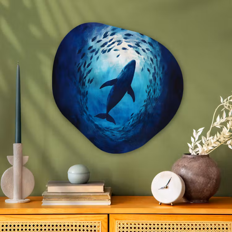 Walvis - Vissen - Donkerblauw Wandcirkel Organisch Aluminium middel -sfeer2