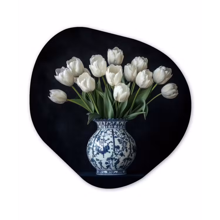 Wit - Bloemen - Tulpen - Vaas Wandcirkel Organisch Aluminium middel -3d